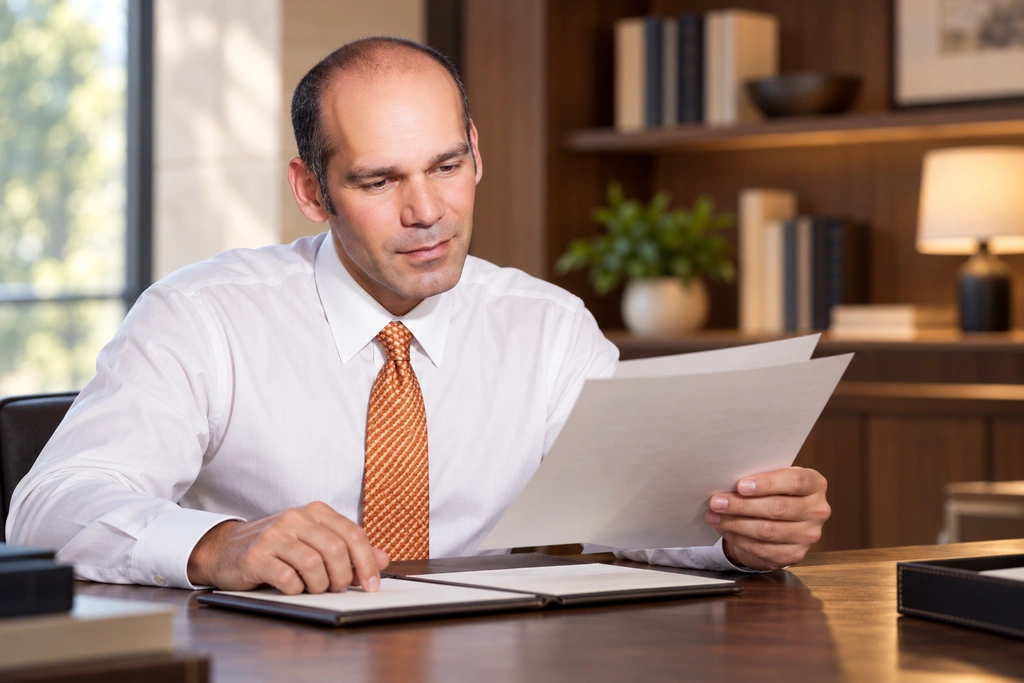 Illustration of Steve Karimi reviewing documents